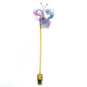 Vintage Butterfly Stick Pin Faux Pearl Body Lace Wings Gold Tone Filigree Scarf